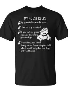 Bearded Dragon My House Rules Bearded Dragon T-Shirt| Unisex, Daily Wear, Funny Christmas Novelty, Summer Trendy Streetwear, Top Quality Comfortable Casual, Crew Neck, Pure 220G
