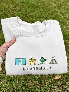 Guatemala Sweatshirt, Comfortable Style, Featuring Graphic Quetzal, Tikal Ancient City, Great Jaguar Temple, Antigua Arch Elements, Incorporating Chapín and Maya Cultural Symbols, with Gift Appeal, Crewneck Sweatshirt