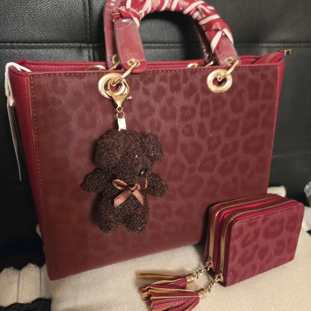 Red Burgundy Tote Bag with Leopard Print and Teddy Bear Charm - Includes Matching Wallet and Tassel Accents