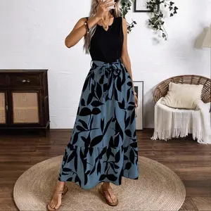 Boho Leaf Print Maxi Dress for Women - Sleeveless V-Neck High Waist Tie Waist Flowy Casual Summer Dress, Graduation Dress, Wedding Guest Dresses | Beach Vacation, Brunch, Night Out
