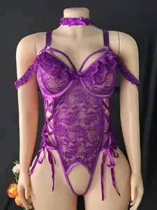 Vintage Dreamy Purple French Romantic Pure Desire Sweet & Spicy Edgy Ruffle Frill Arm Cuff Bow Choker Cutout Backless Lace-Up Sheer Lace Bodysuit Lingerie Sleepwear Set
