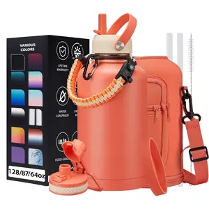 32oz 40oz 64oz 128oz Insulated Water-Bottle with Strap - Half Gallon Water Jug with Straw & Spout Lid, 2 Liter Stainless Steel Water Bottle Leak Proof, Cold-48h Hot-24h Metal Flask w/Paracord Handle, Carrier Case