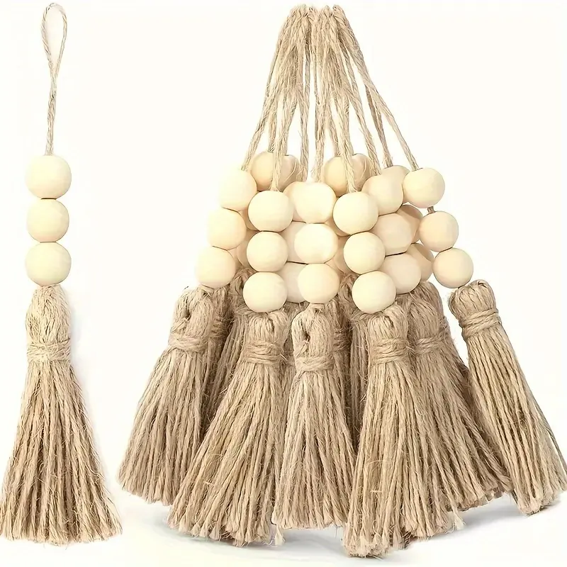 5pcs Handmade Jute Tassel Wooden Bead Garland - Rustic Thanksgiving Party Decor, Backpack Accessory, Living Room Home Decoration with Natural Beige Beads and Twine Tassels, Christmas Wooden Bead Garland