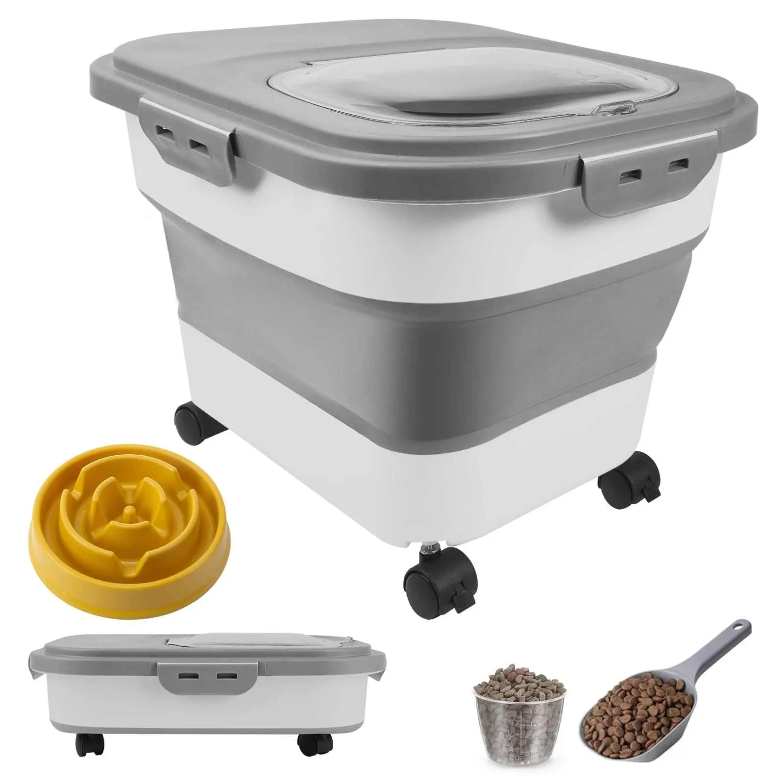 Collapsible Airtight Pet Food Storage Container, 20 lbs with Wheels & Slow Feeder Bowl