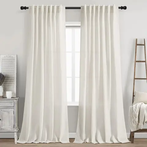 Cream Linen Back Tab Curtains 84 Inch Length for Living Room 2 Panel Set Neutral Modern Farmhouse Window Privacy Semi Sheer Linen Drapes Rustic Pinch Pleated Look Curtain Natural Ivory Colored