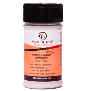 COAT DEFENSE Preventative Powder | Made in USA | 3.5oz Waterless Dog Shampoo & Pet Deodorizer for Smelly Dogs | Provides Anti Itch Relief | Dog Shampoo for Dry Itchy Skin & Smelly Dogs