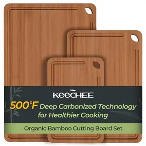 Keechee Wooden Bamboo Cutting Board Set of 3 (Dark Carbonized), Chopping Boards with Juice Grooves, Ideal for Knives, Kitchen & Charcuterie Cooking Kitchenware Home
