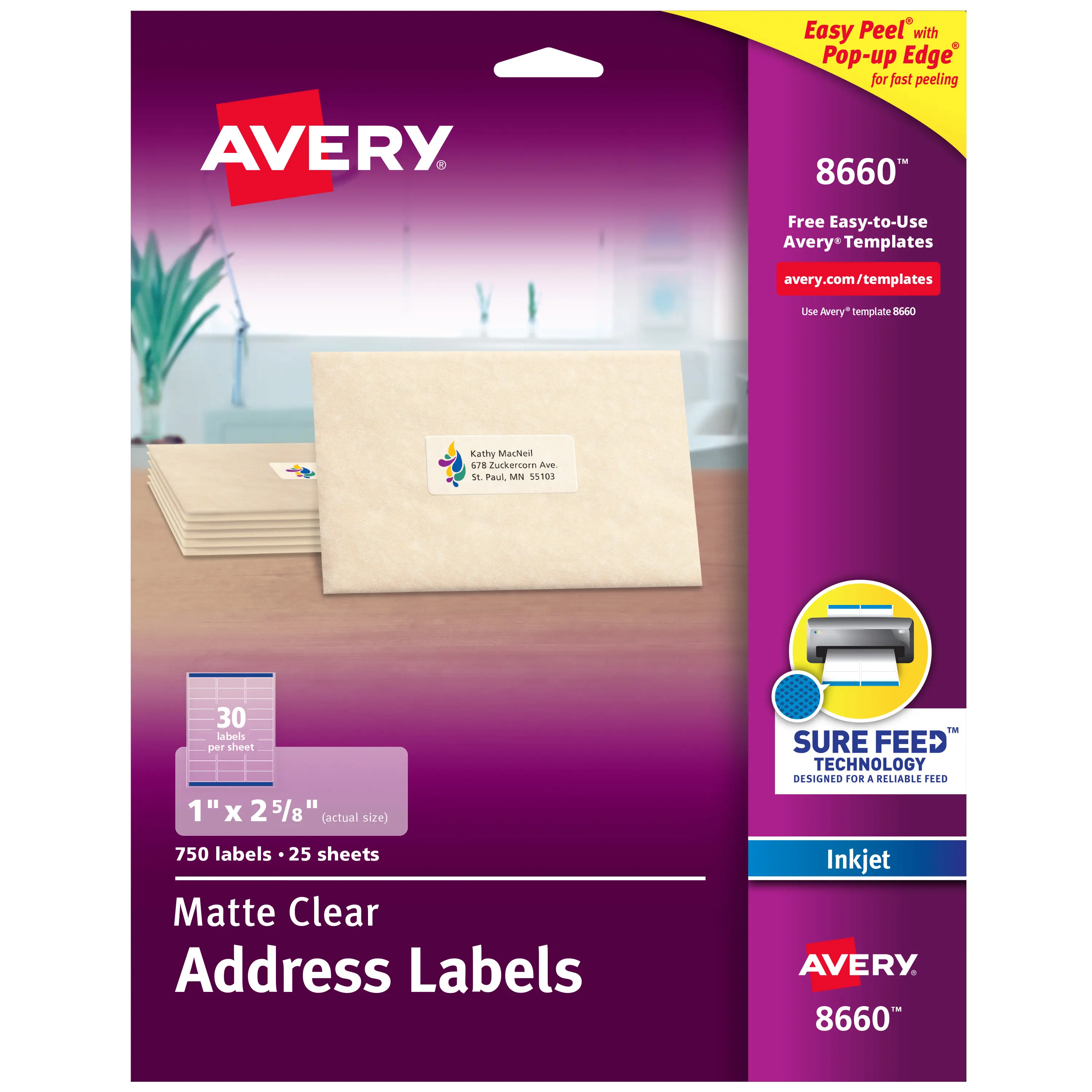 Avery Printable Address Labels with Sure Feed Technology, 1" x 2-5/8", Matte Clear, Compatible with Inkjet Printers, 750 Blank Labels Total (8660), Custom Labels, Labels For Printers