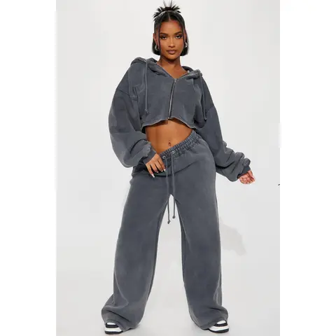 On The Go Fleece Pant Set - Charcoal