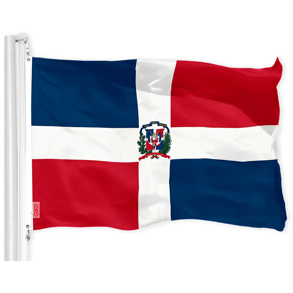 Dominican Republic Flag 3x5 ft Printed 150D Indoor/Outdoor, Brass Grommets, Single-Sided, Not Embroidered