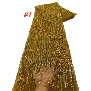 French Beaded Lace Fabric, Luxury Handmade Crystal Pearls, High-Quality Bridal African Sequins Sheer Lace, Perfect for Wedding Dresses