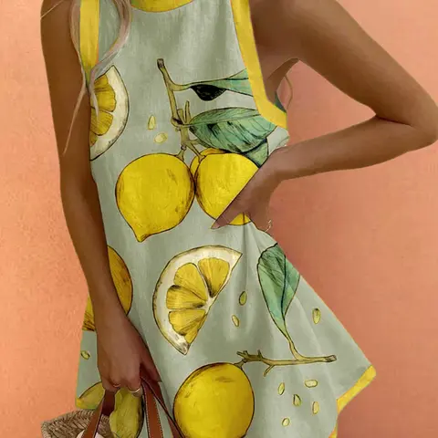 Boho Summer Holiday Beach Casual Wear Bohemian Daily Wear Vacation Comfortable Loose Fit Women's Colorblock Lemon Leaf Pattern Sleeveless Casual Chic Dress, Ladies Brunch