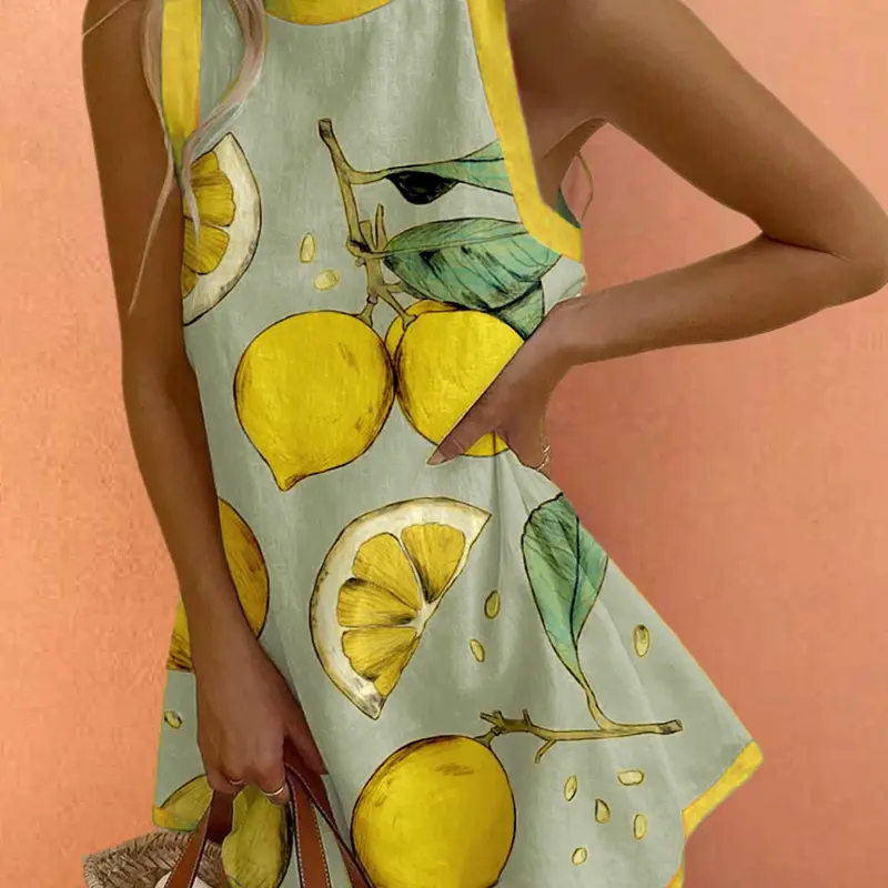 Boho Summer Holiday Beach Casual Wear Bohemian Daily Wear Vacation Comfortable Loose Fit Women's Colorblock Lemon Leaf Pattern Sleeveless Casual Chic Dress, Ladies Brunch