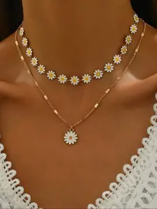 2pcs Stylish Elegant Daisy Pendant Necklace Set, Double Layer Floral Chain Necklaces, Perfect Everyday Accessory and Gift for Holidays