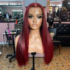 Burgundy and Red Highlight Colored Straight Lace Frontal Human Hair Wigs 180% Density 13X6 HD Transparent Lace Pre Plucked Human Hair Natural Hairline Straight For Women