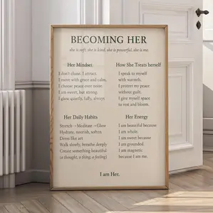 Becoming Her Motivational Quote Wall Art – Feminine Empowerment Print, Self Love Affirmation Poster, Minimal Modern Decor