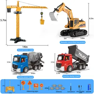4-IN-1 Remote Control Construction Vehicle Toy Set, RC Excavator Friction-Powered Crane Dump Mixer Truck with Lights & Sounds for Kids Imagination Development, Christmas Birthday Gifts for Boys Girls