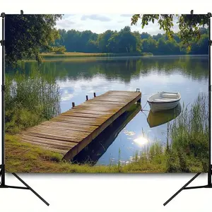 1pc Serene River Photography Backdrop with Rustic Wooden Pier & Rowboat - Lush Meadow Landscape for Photo Shoots, Parties, and Events, Polyester Material, No Power Needed, Lake House Decor