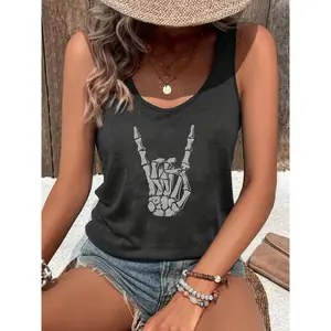 Women's Vintage Skeleton Hand Graphic Tank Top - Casual Black Muscle Tank with Flowy Festival Design, Machine Washable, Polyester/Rayon/Spandex Blend Fabric Womenswear Crew Neck Vest Fitted Sleeveless tank tops tubetops weighted vests women Knit Dark Gra