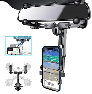 Rear View Mirror Car Phone Holder - [Four Claws ] Cell Phone Holder for Car Rearview Mirror, Hands Free Cell Phone Holder Clip Car Accessories  for Apple & Android, fit iPhone 17 16 15 14 13 12 Pro Plus