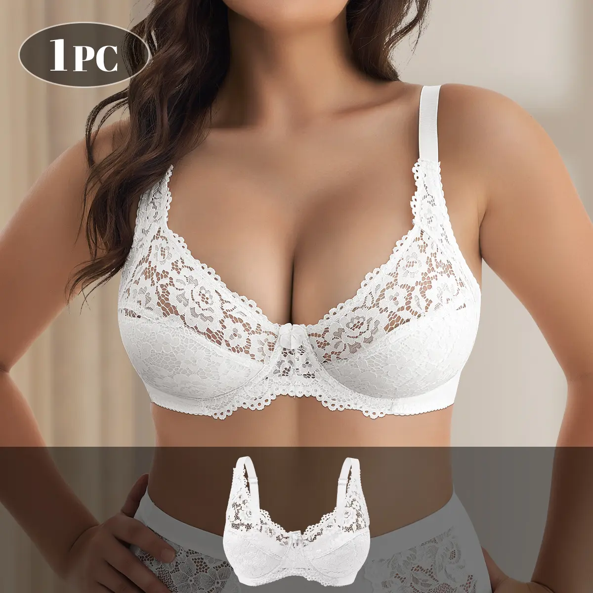 QUASTI Single Pack Women’s Plus Size Wide Strap Lace Bra with Underwire, Full Coverage Supportive Lingerie, Soft Milk Silk Trim Bra for Large Bust