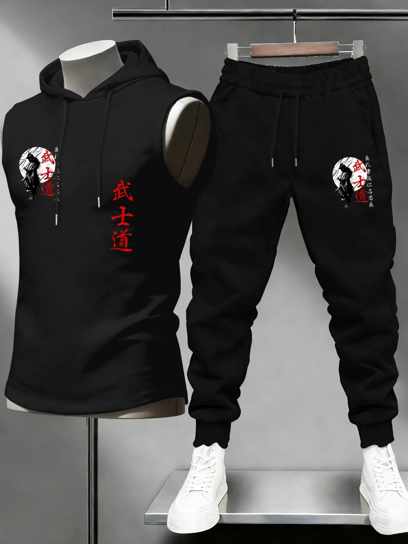 Men's Summer Japanese Samurai Print Casual Sport Two-Piece Set, Casual Sports Style, Casual Tracksuit, Sleeveless Hooded Vest + Drawstring Pants, Outdoor Daily Wear