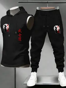 Men's Summer Japanese Samurai Print Casual Sport Two-Piece Set, Casual Sports Style, Casual Tracksuit, Sleeveless Hooded Vest + Drawstring Pants, Outdoor Daily Wear