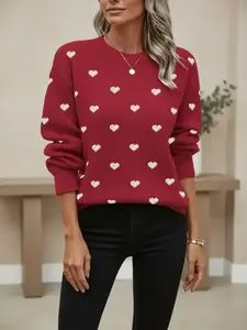 Women's Heart Print Drop Shoulder Sweater Pullover, Casual Long Sleeve Round Neck Jumper for Fall & Winter, Fashion Ladies' Knitwear for Daily Wear