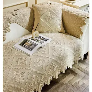 Cotton Quilted Couch Sofa Cover Floral Embroidery Non-Slip Sectional Couch Covers Soft Cozy Sofa Slipcover for Dogs Cats Pet Armrest Backrest Cover (Beige,28"x28")