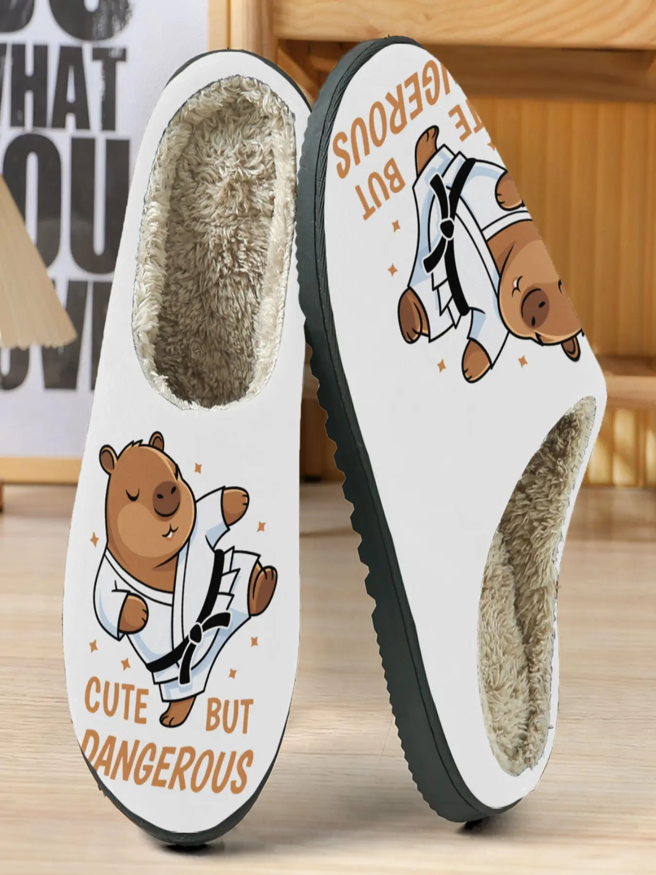 Kendo Pug Cotton Slippers, Background Kendo Illustration, Cute but Dangerous Text, Plush Lining, Casual Home Wear