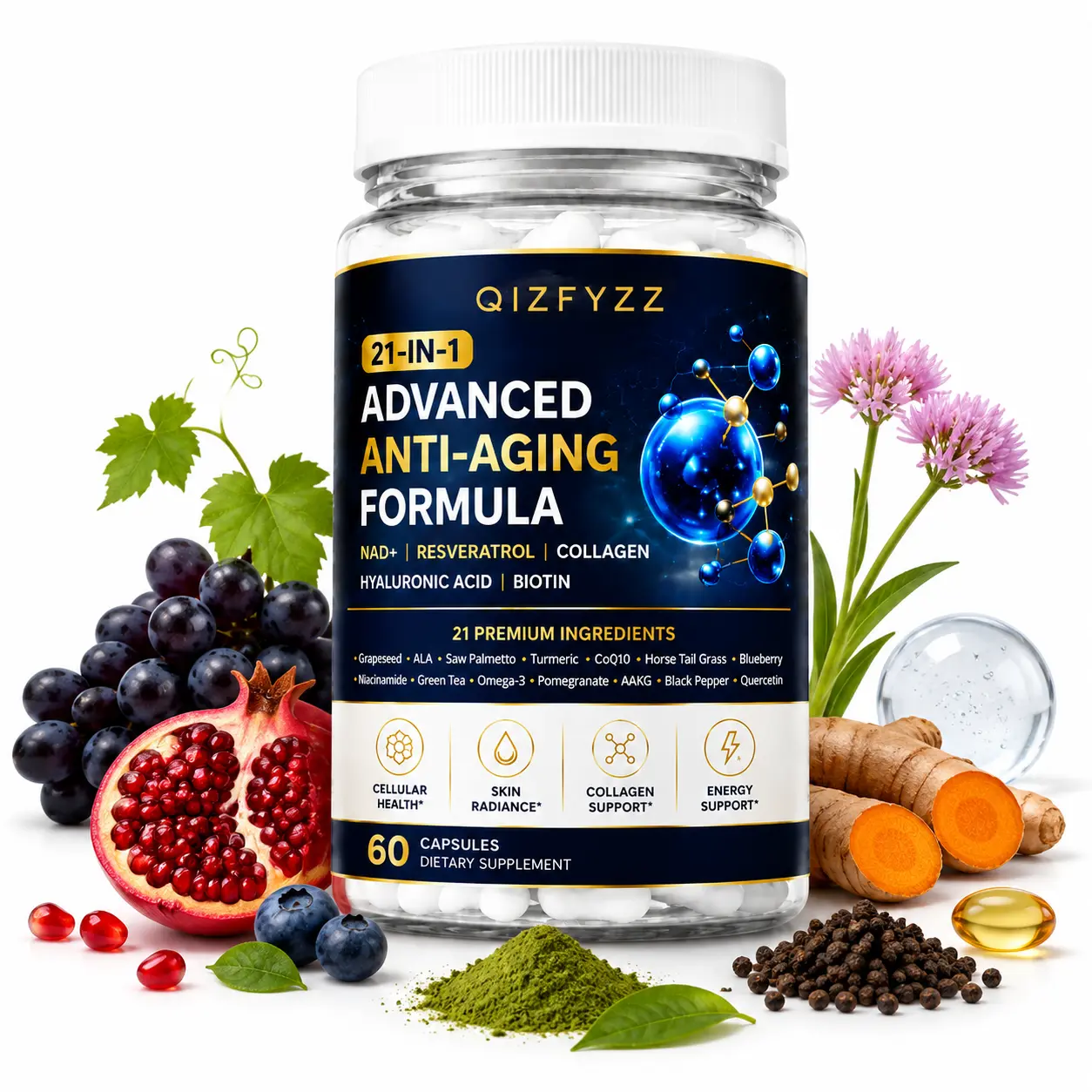 QIZFYZZ 21-IN-1 Anti-Aging Support Supplements for Women & Men, NAD+ Resveratrol Collagen Complex with Hyaluronic Acid, Biotin, CoQ10 & Premium Herbal Blend, 60 Capsules