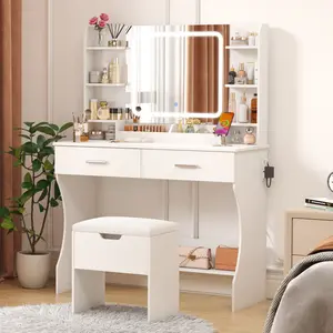 Lifewit White Makeup Desk Vanity with Mirror and LED Lights, 2 Power Outlets/ 2 USB Ports, Adjustable Color/Brightness, with Storage Stool, 8 Open Shelves, 2 Drawers, 2 Lipstick Holders, Bottom Shelf