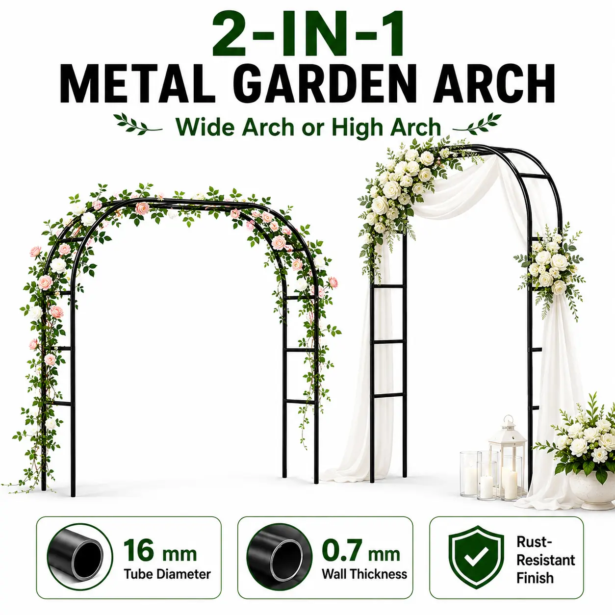 Black 2-in-1 Metal Garden Arch Trellis - Adjustable Wide/Tall Garden Arbor, Outdoor Climbing Plant Support for Roses, Wedding Balloon Archway for Lawn