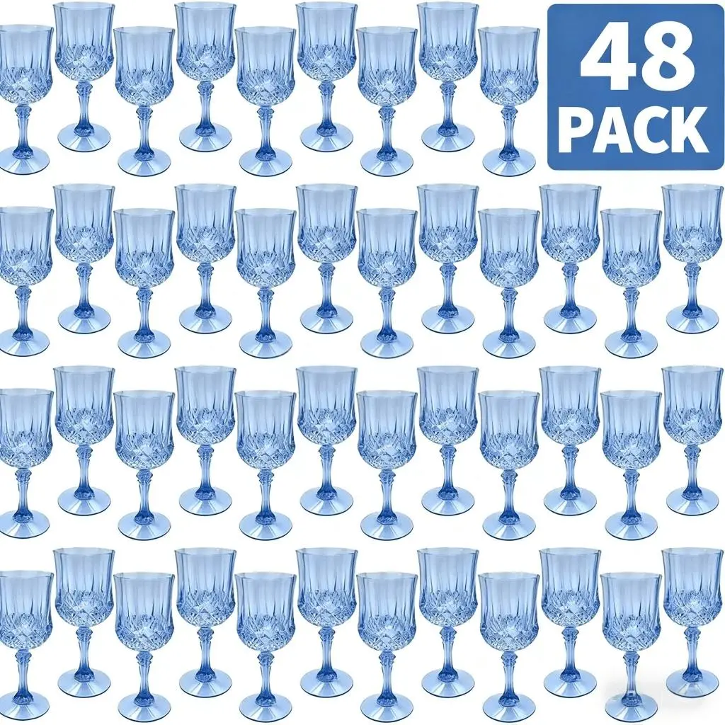 48-Pack Blue Plastic Party Cups - 7oz Vintage Champagne Flutes Wine Glasses, Reusable Stemware for Wedding, Anniversary Events, Casual Daily & Evening Use, Bulk Table Decor Drinkware for Camping
