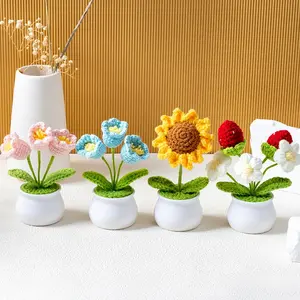 TTZZ Handmade Crochet Bouquet Potted Flowers, Artificial Flower Potted Plant, Knitted Artificial Forever Flowers with Exquisite Pot Decor Decorative Fruit Decoration Gift Ornaments