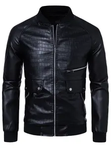 Men's Crocodile Embossed Faux Leather Pilot Jacket, Shoulder Pad Design Multi-Pocket Motorcycle Windbreaker, Casual Plain Long Sleeve Coats