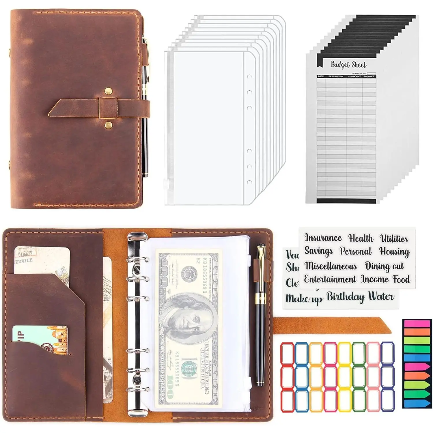 Leather Binder Budget with  Envelopes, Handmade Leather A6 Binder for  Saving Planner,  Envelopes for Budgeting,  Organizer for  - Brown