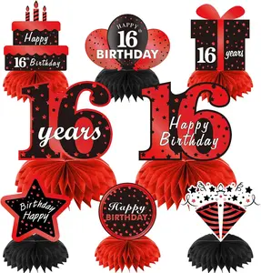 Red Black 16th Birthday Decorations Table Honeycomb Centerpieces, 8Pcs Happy 16 Year Old Birthday Table Topper Party Supplies for Boys Girls, Sixteen Birthday Table Centerpiece Decor