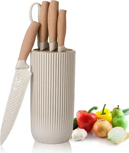Premium 6-Piece Damascus Knife Set with Wooden Handles – Beige | Stainless Steel Knife Block Knives Aesthetic Chopping Blade Kitchen Kitchen Knives Block