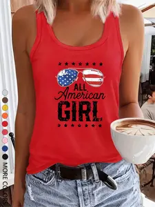 Women's American Flag & Sunglasses Print Round Neck Tank Top, Casual Sleeveless Top for Summer, Ladies Clothes for Daily Wear, Sleeveless Loose Tank