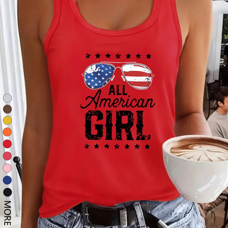 Women's American Flag & Sunglasses Print Round Neck Tank Top, Casual Fashion Sleeveless Top for Summer, Ladies Clothes for Daily Wear, Sleeveless Loose Tank, Womenswear