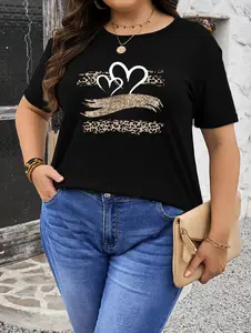 Plus Size - Plus Size - Black T-Shirt with a Leopard Print Heart Design
