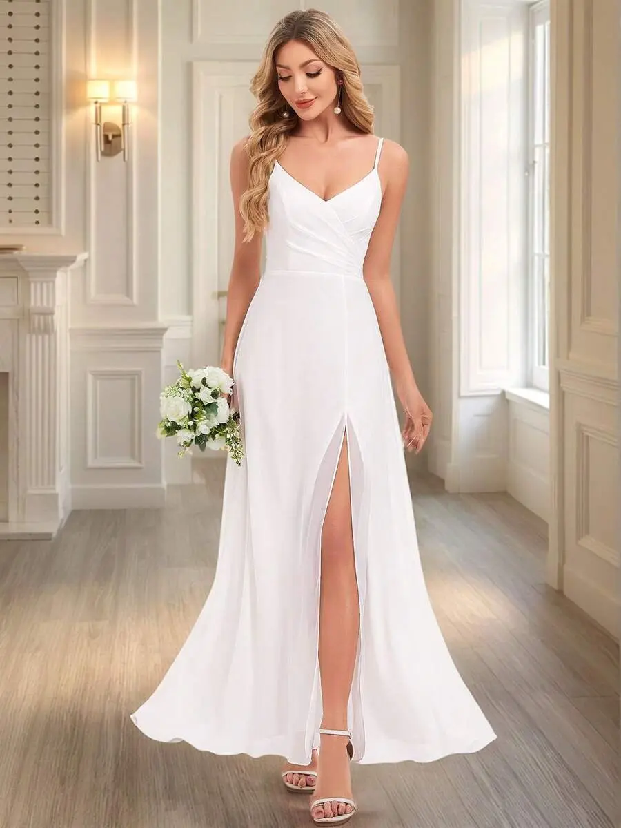 Elegant Sleeveless Chiffon Backless Long Bridal Gown, Spaghetti Strap Design With Slit, Suitable For Wedding, Engagement And Other Formal Occasions, White Formal Wedding Dress Spring
