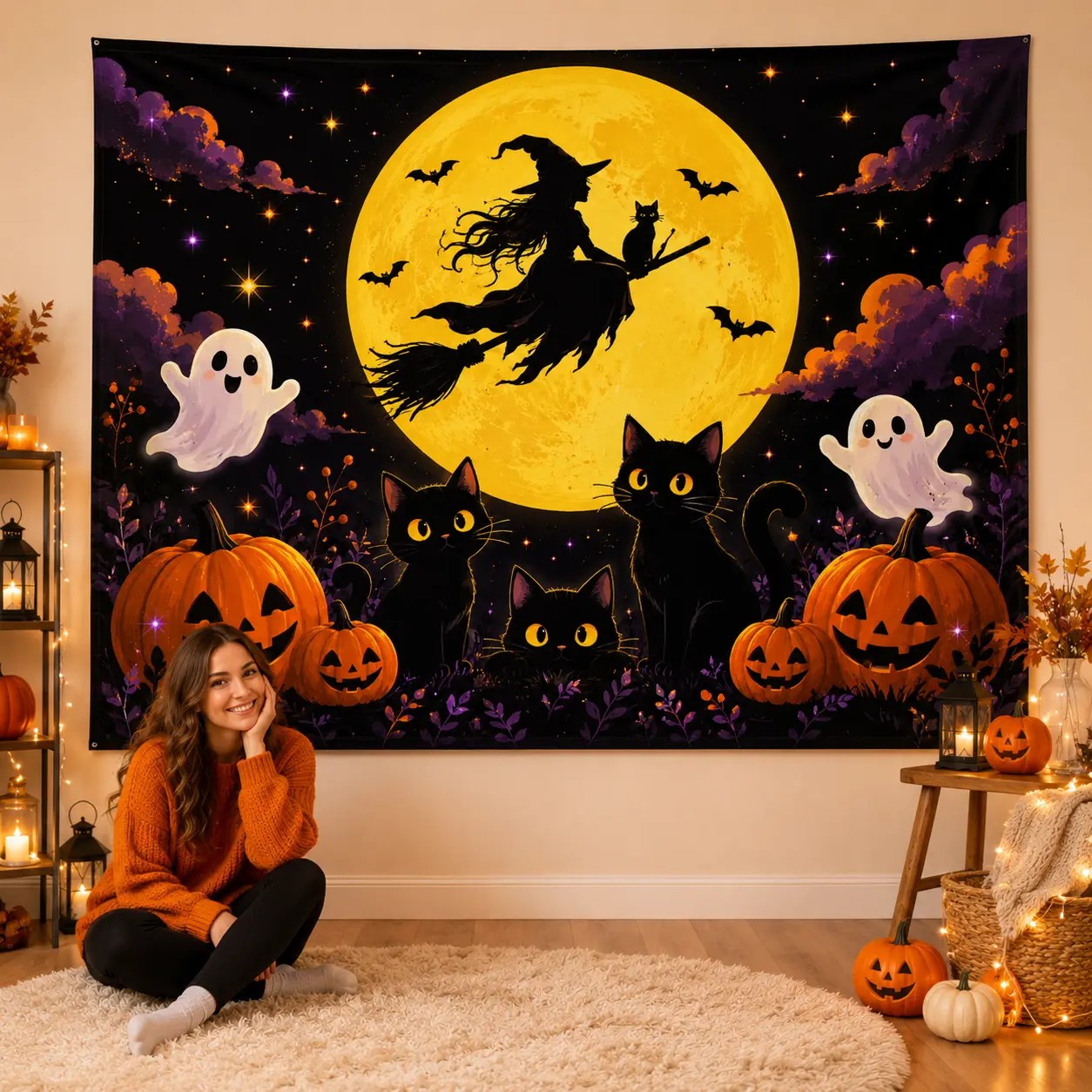 Cute Halloween Tapestry Backdrop, Moon Pumpkin Ghost Cat Wall Hanging Decor, Fantasy Party Photo Background for Bedroom Living Room