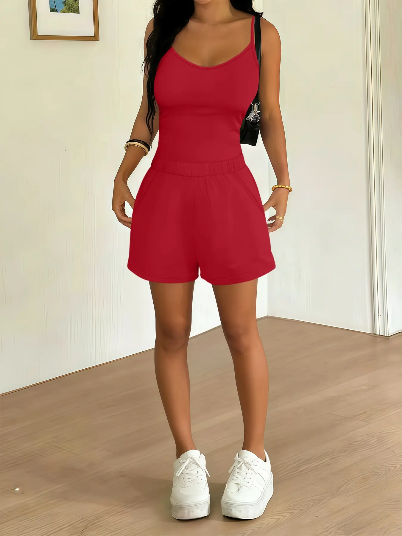 Women's Casual Summer Halter Short Pants Set, Comfortable Sexy Fashion Tank Top & Hotpants Outfit, 2 Piece Set, Regular Fit, Plain Pattern