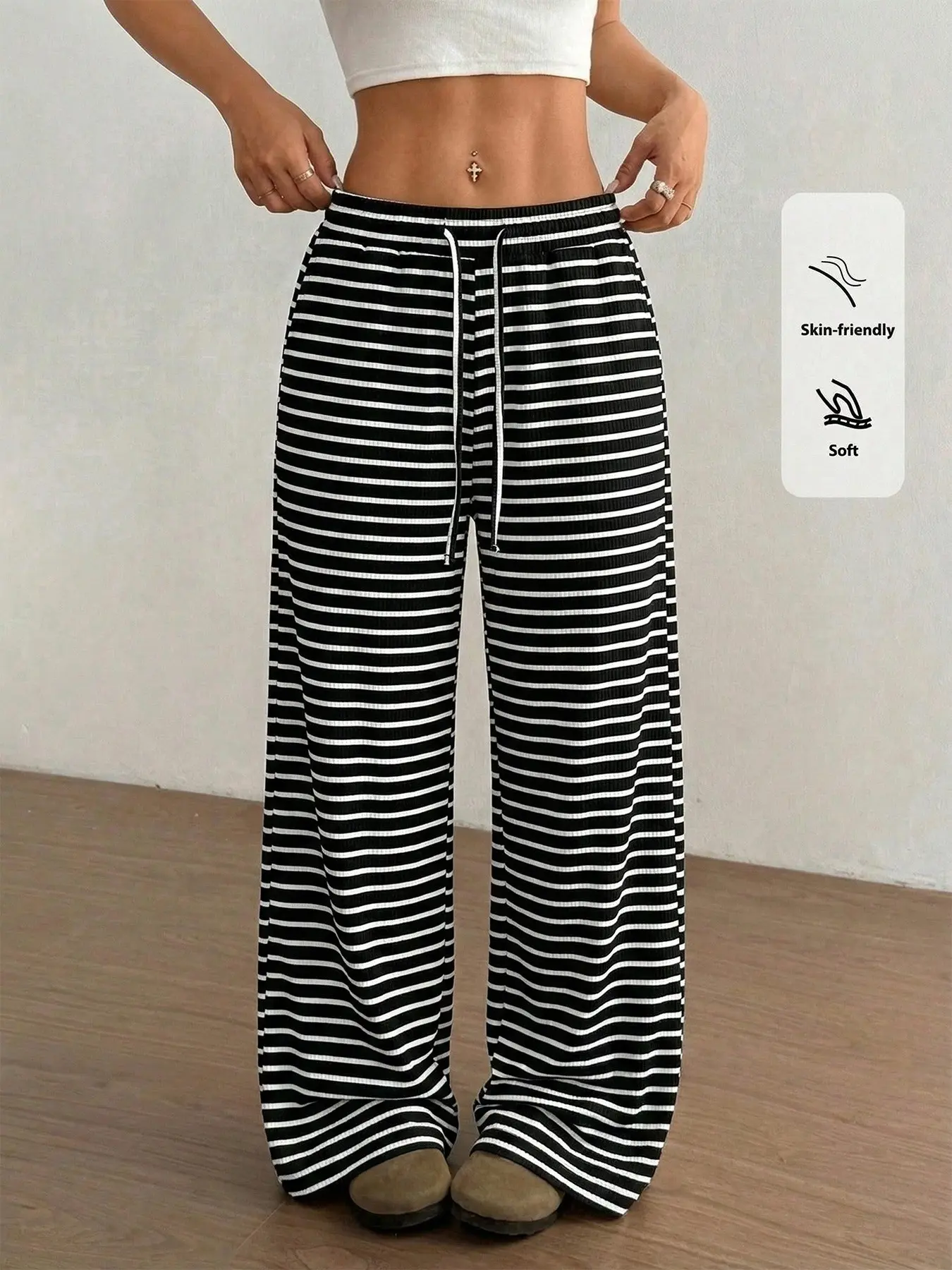 Striped Wide-Leg Pants, Adjustable Waist Trousers, Soft Waffle Fabric, Drawstring Adjustable, Oversized, Casual Elastic Waisted  Bottom