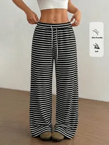 Trendy Striped Wide-Leg Pants: Soft Waffle Fabric + Elastic Waist & Drawstring Adjustable! Oversized, Comfy & Perfect for Lazy Days or Casual Outfits—Timeless Black-White Style! Womenswear #LoungewearPants #OversizedFit #ComfyChic #TikTokFashion
