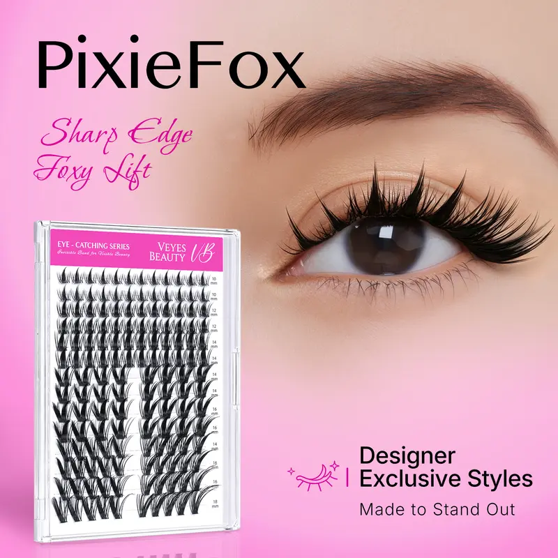 VEYESBEAUTY PixieFox Handcrafted Lash Cluster Kit, Extremely Fine Ultra-Thin Invisible Line, Polybutylene Terephthalate Fiber Mixed-Length Eyelashes Clusters, Self-DIY Lash Set for At-Home Makeup