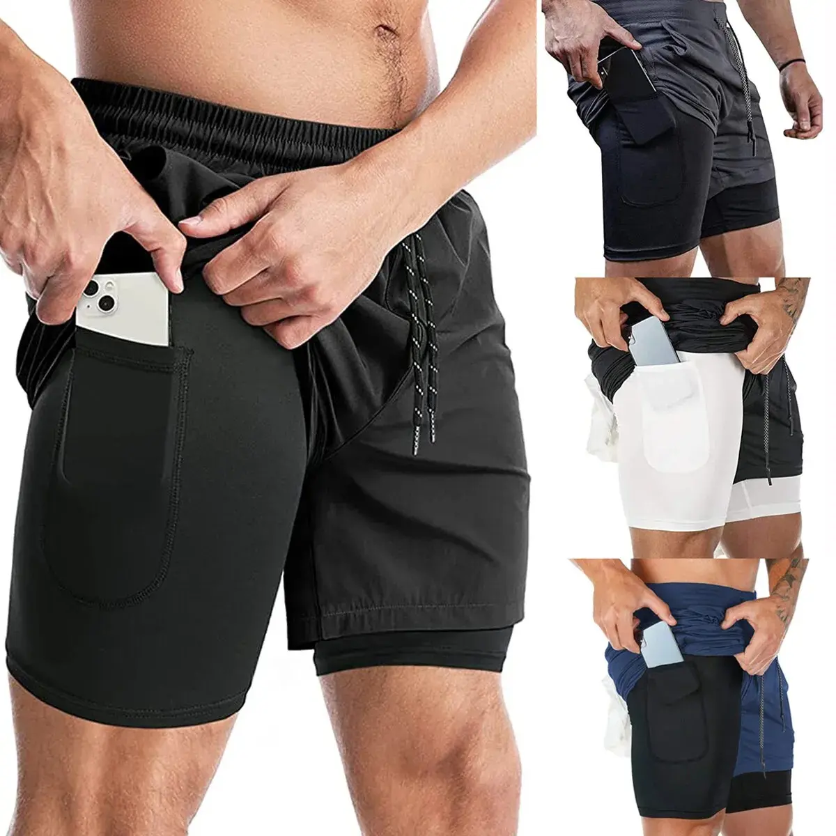 Menswear 7-Inch Stealth 2-in-1 Athletic Stretch Sports Shorts, High Elastic Quick-Drying Breathable Fabric, Built-In Briefs, Adjustable Drawstring Customizes Fit, With Phone Pocket For Running, All Seasons Gym Use, Breatheable Men's Sports Shorts  Plain