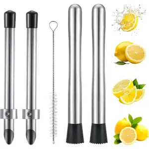 5Pcs Straw Puncher Muddler for Lemonade - 2Pcs Straw Hole Puncher & 2Pcs Drink Muddler Tool Set, Stainless Steel Fruit Smasher for Plastic Lids Lemonade Stand Supplies Cocktail Bar
